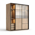 Sliding door wardrobe with wooden texture and storage dimensions 150 x 60 x 200cm