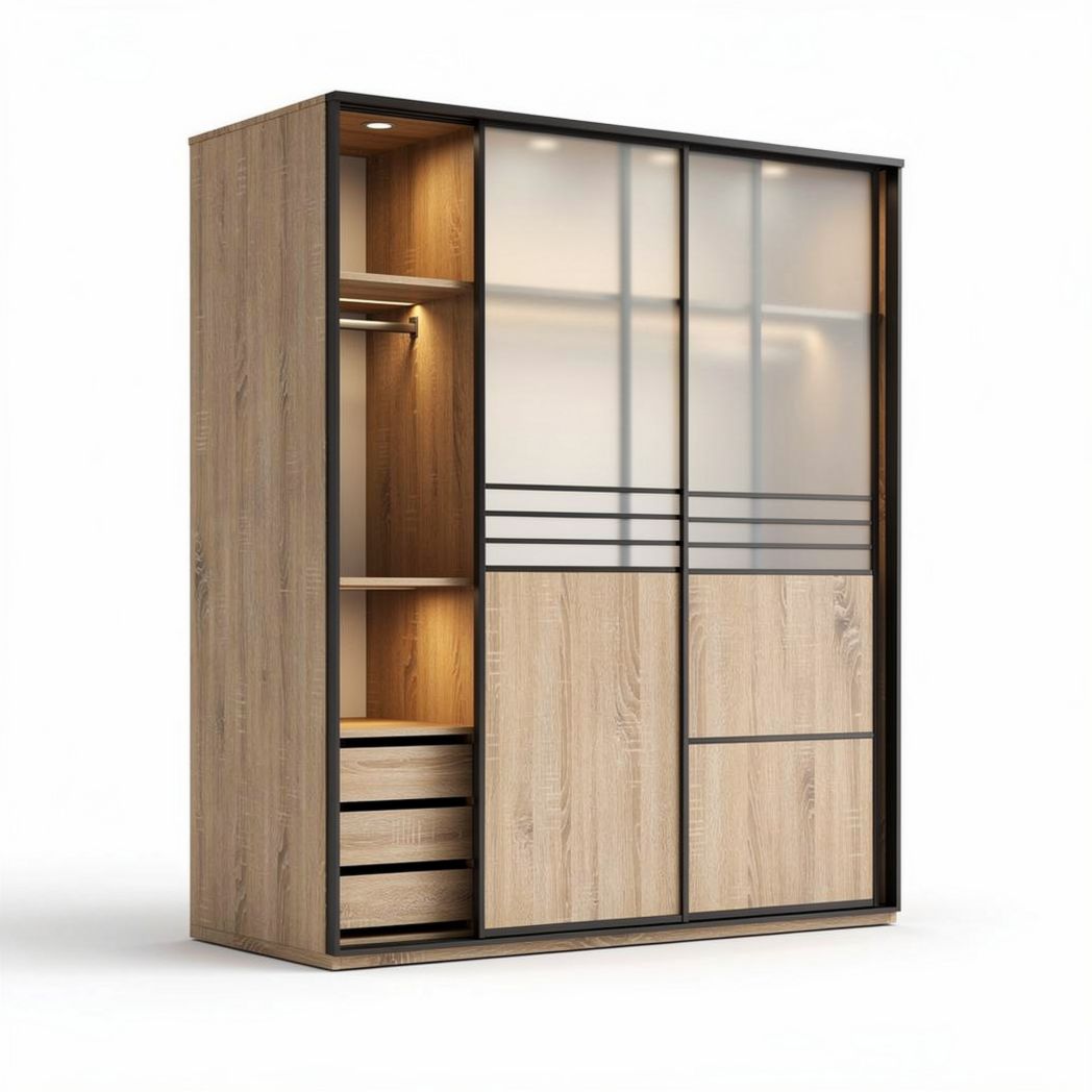 Sliding door wardrobe with wooden texture and storage dimensions 150 x 60 x 200cm
