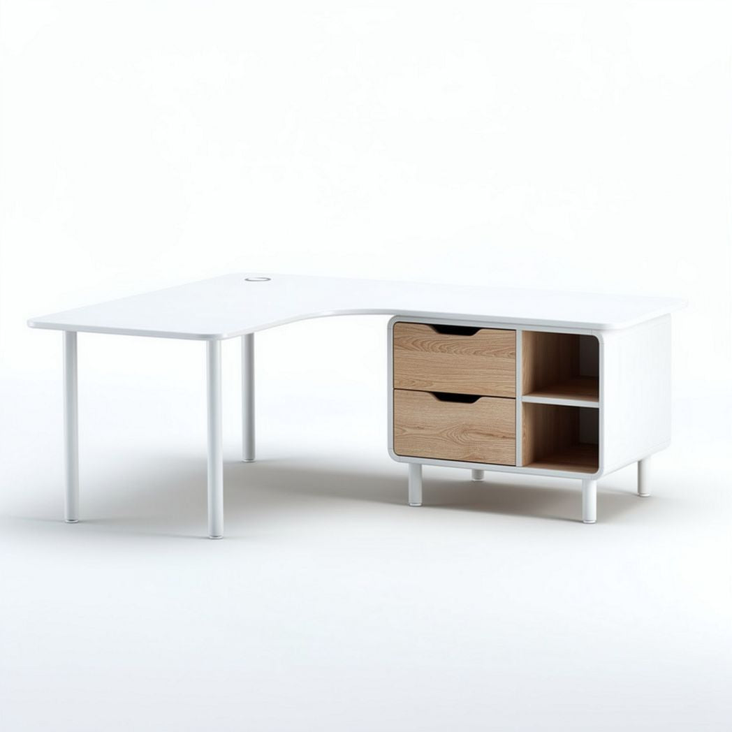 L-shaped desk with storage drawers in white and wood finish 150 x 70 x 75cm