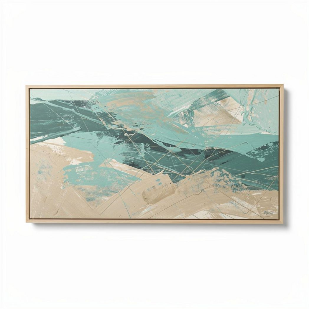Abstract canvas wall art in teal and beige 90 x 60 x 3cm for home decor