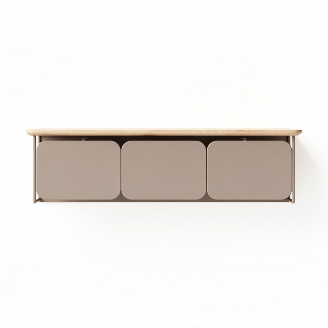 Wall-mounted storage cabinet with wooden top and three sliding doors 120 x 40 x 30cm