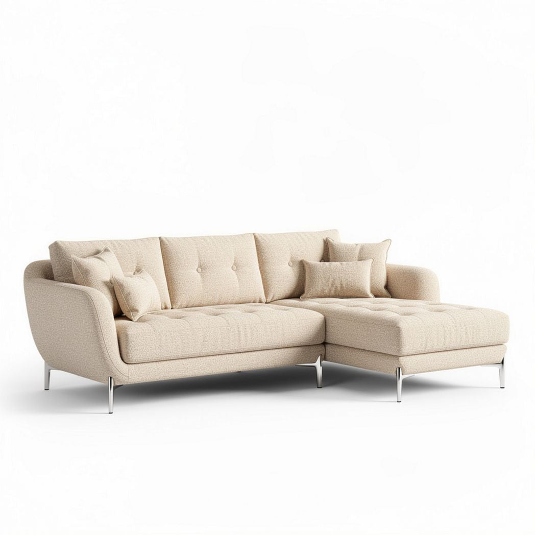 Beige fabric sectional sofa with metal legs and three cushions 230 x 90 x 85cm