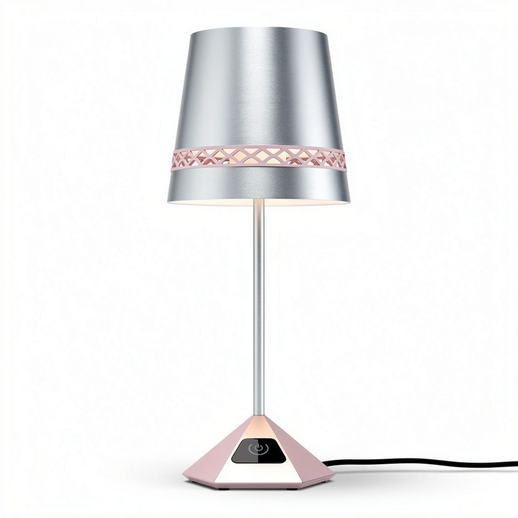 Table lamp with silver metal shade and pink geometric base 30 x 20 x 50cm