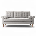 Three seat gray fabric sofa with rolled arms and wooden legs 180 x 85 x 75cm