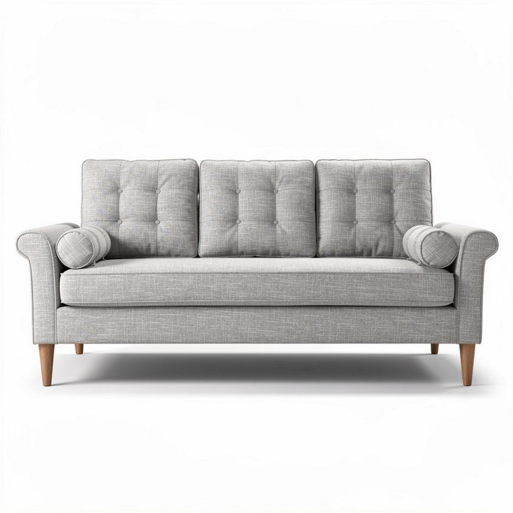 Three seat gray fabric sofa with rolled arms and wooden legs 180 x 85 x 75cm