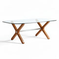 Glass top dining table with wooden cross base 180 x 90 x 75cm